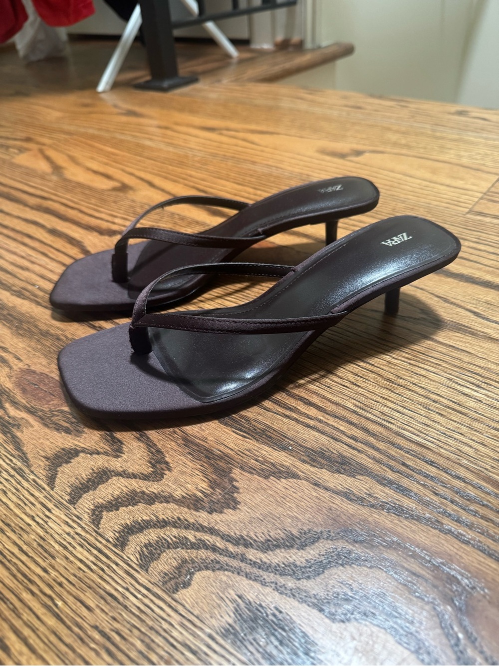 Zara Dark Brown Satin Kitten-Heel Thong Sandals - Picture 2 of 5